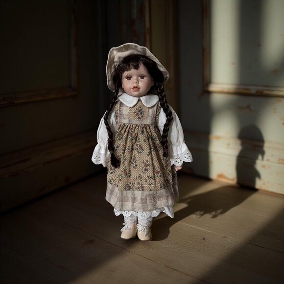 Vintage 15.5” Porcelain Girl Doll – Victorian Country Style, Braided Hair, Check - Picture 9 of 11